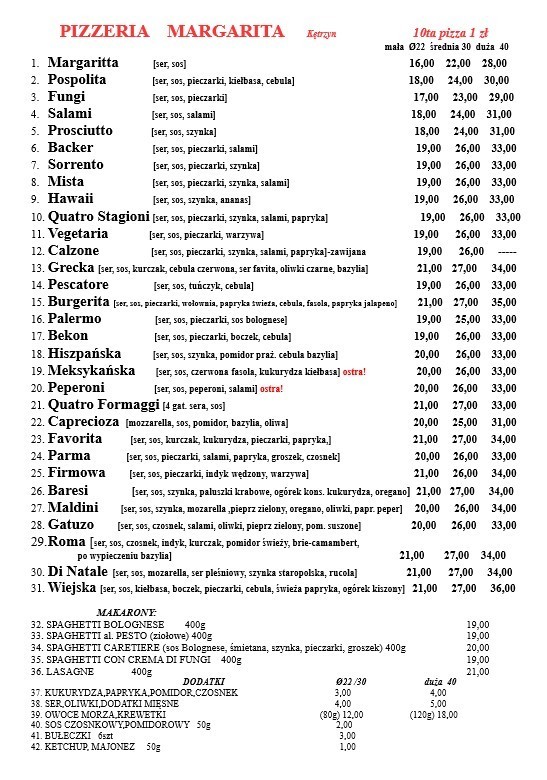 MENU Pizzeria Margarita Kętrzyn